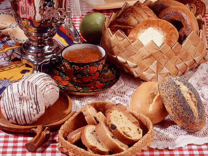 assorted baked bread, tea, samovar, bread, pastry, HD wallpaper