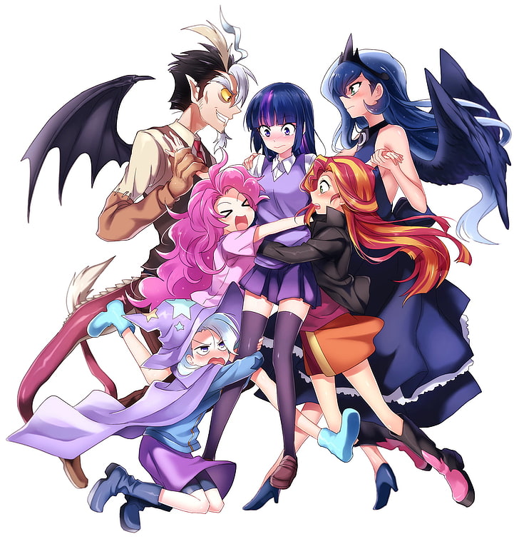 Fondo de pantalla de anime dragon character, My Little Pony, Twilight Sparkle, Discord, Trixie, Nightmare Moon, Sunset Shimmer, Pinkie Pie, Princess Luna, Fondo de pantalla HD, fondo de pantalla de teléfono