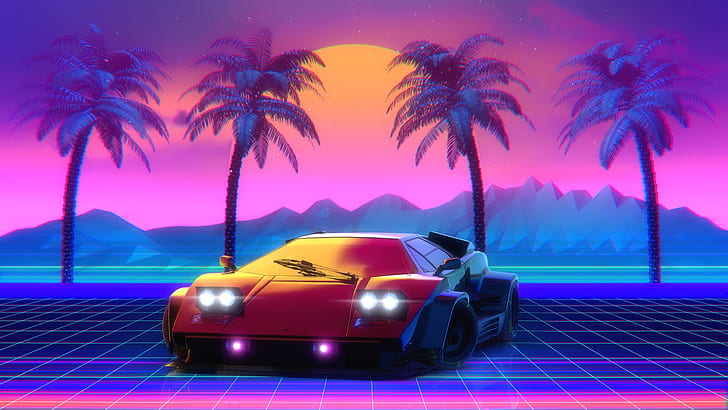 Lamborghini, 80s, Neon, Countach, Lamborghini Countach, 80's, Synth, Retrowave, Synthwave, New Retro Wave, Videogame, Futuresynth, Sintav, Retrouve, Outrun, Transport and Vehicles, Federico Zimbaldi, by Federico Zimbaldi, Countach Retro Game Racer, tył do lat 80-tych, Tapety HD