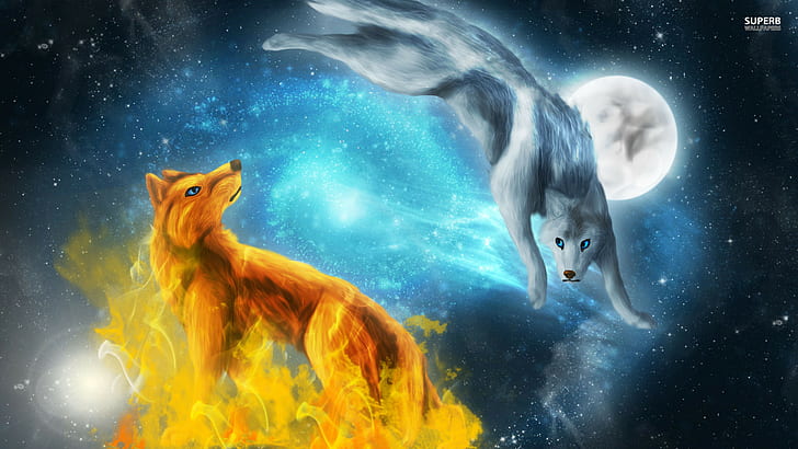 photo, 1920x1080, red, fire, Blue, wolf, anime, resolution, and, ice, Wolves, hd, HD wallpaper