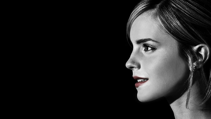Emma Watson, donne, distogliere lo sguardo, rossetto rosso, vista laterale, viso, profilo, colorazione selettiva, Sfondo HD