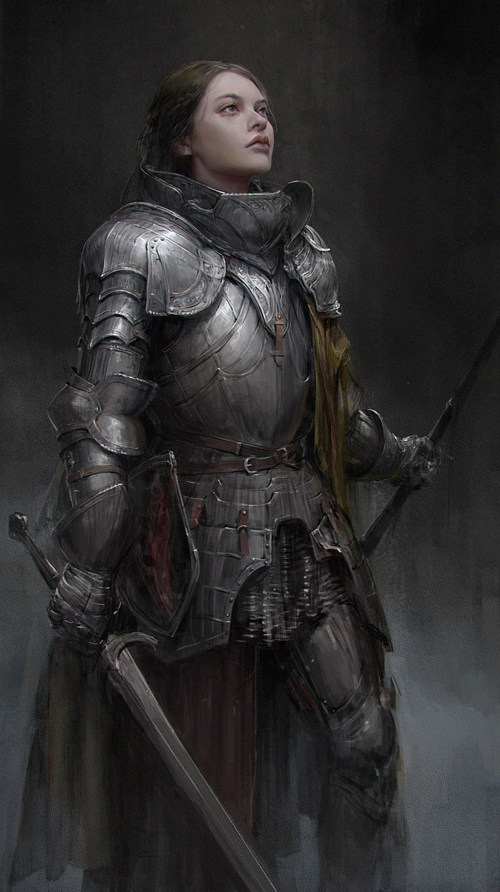 灰色の騎士の鎧、アートワーク、騎士、女性、 HDデスクトップの壁紙、 スマホの壁紙