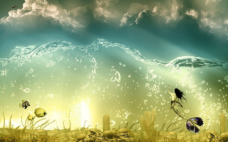 水雲魚シュール泡ファンタジーアート人魚太陽光線水中1920x1200抽象的なファンタジーHDアート、雲、水、 HDデスクトップの壁紙