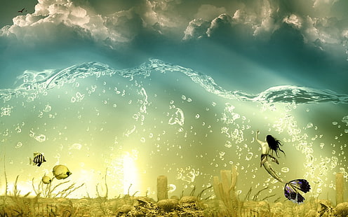 wasser wolken fisch surreal blasen fantasie kunst meerjungfrauen sonnenstrahlen unter wasser 1920x1200 Abstract Fantasy HD Art, Wolken, Wasser, HD-Hintergrundbild HD wallpaper