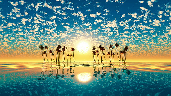 eau, ciel, atmosphère, calme, journée, reflet, horizon, lumière du soleil, ressources en eau, mer, arbre, soirée, palmiers, coucher de soleil, nuages, Fond d'écran HD HD wallpaper