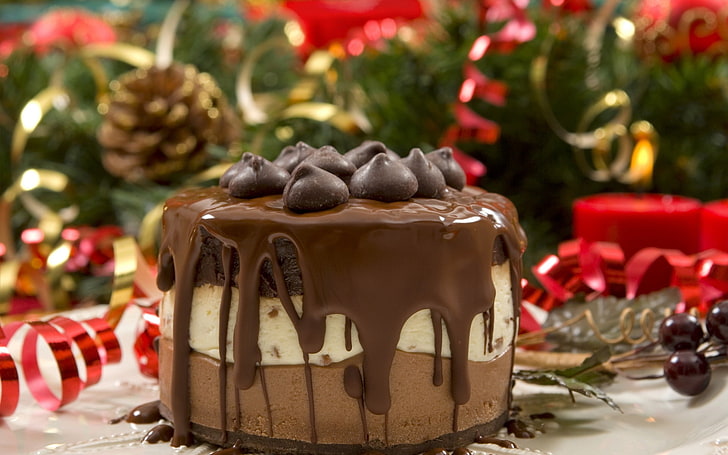 كيك شوكولاتة ، حلويات ، كريسماس ، كيك شوكولاتة وكريمة ، هدايا، خلفية HD