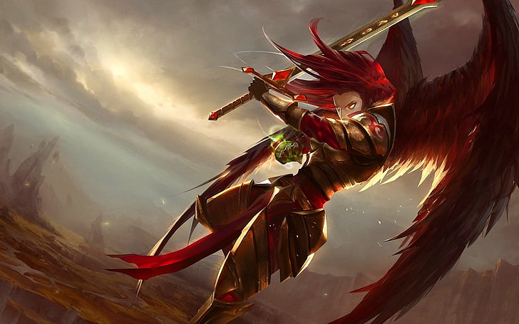 ilustração feminina de cabelos vermelhos, Kayle, League of Legends, ruiva, asas, arte de fantasia, HD papel de parede