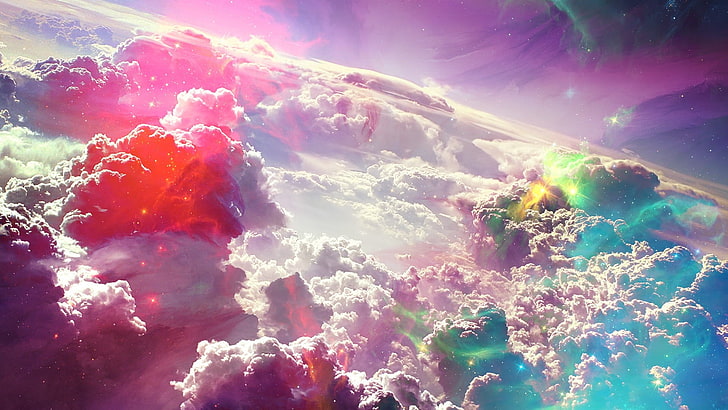 teal and pink clouds illustration, sky, light, abstraction, HD wallpaper