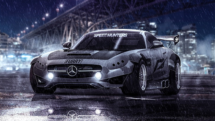 czarna ilustracja sportowego samochodu Mercedes-Benz, Mercedes SLS, Speedhunters, samochód, tuning, Need for Speed, Mercedes-Benz SLS AMG, deszcz, głębia ostrości, Tapety HD