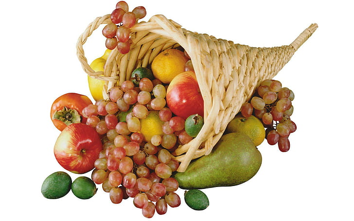 Fruit cornucopia, brown wicker basket, photography, 1920x1200, apple, grape, pear, fruit, cornucopia, HD wallpaper