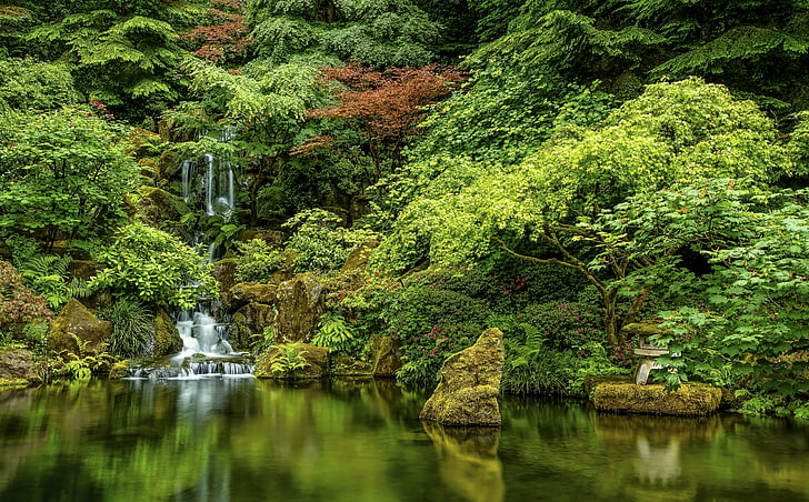 árboles, lago, piedras, cascada, Oregon, Portland, cascada, jardines japoneses, Fondo de pantalla HD