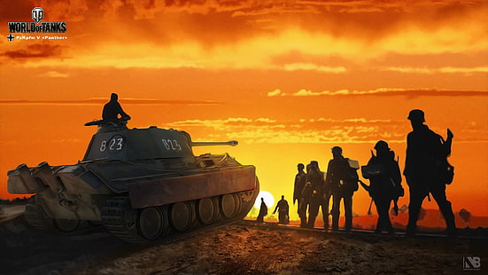 the sky, the sun, figure, art, Panther, soldiers, tank, glow, German, average, World of Tanks, PzKpfw V Panther, Nikita Bolyakov, HD wallpaper HD wallpaper