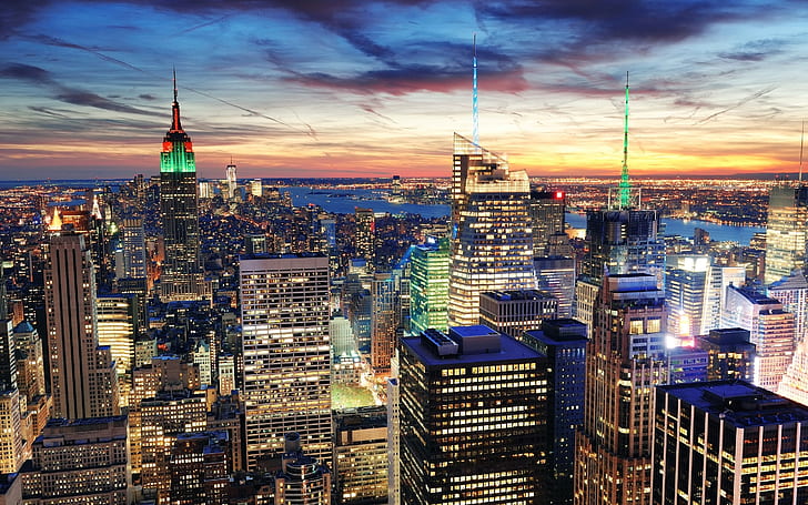 Vista nocturna de Nueva York, ciudad de Nueva York, luces, Fondo de pantalla HD