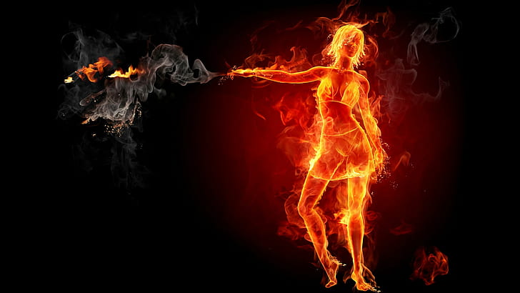 Flames girl, woman on fire artwork, fire, girl, flames, hot, HD wallpaper