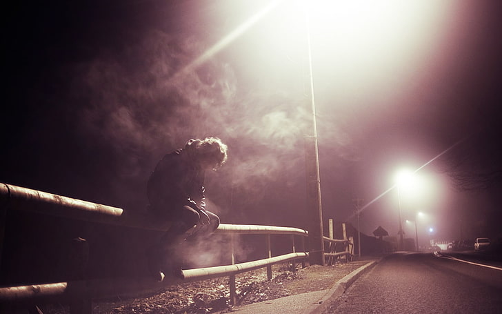 man sitting on fence, sad, men, smoking, road, night, HD wallpaper