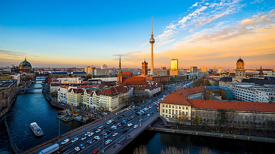 Берлин, градски пейзаж, небе, градска зона, кула, силует, Германия, Европа, река Шпрее, река, berliner fernsehturm, fernsehturm, телевизионна кула, забележителност, HD тапет HD wallpaper