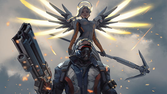 два мужчины и женщины аниме цифровые обои, видеоигры, Overwatch, Мерси (Overwatch), Солдат 76 (Overwatch), WLOP, HD обои HD wallpaper