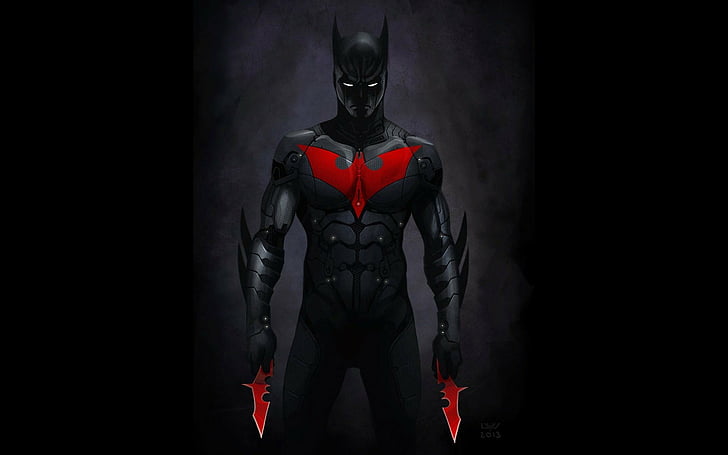 batman, black, comics, dark, emblem, men, red, shuriken, suit, weapons, HD wallpaper