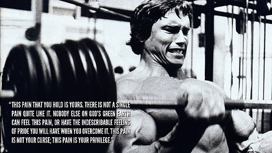 Arnold Schwarzenegger, Arnold Schwarzenegger, Bodybuilder, musculation, motivation, citation, monochrome, hommes, Fond d'écran HD HD wallpaper