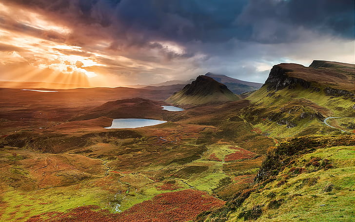 Escócia, ilha de Skye, colinas, montanhas, lago, pôr do sol, nuvens, Escócia, ilha, Skye, colinas, montanhas, lago, pôr do sol, nuvens, HD papel de parede