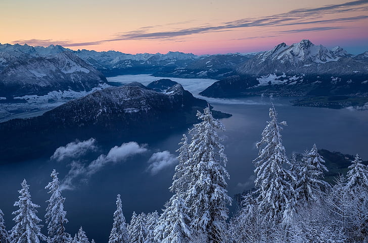 winter, trees, mountains, lake, sunrise, dawn, morning, Switzerland, ate, Alps, panorama, Lake Lucerne, Mount Rigi, Central Switzerland, HD wallpaper