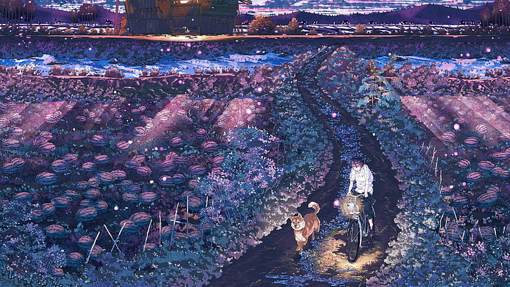 Gemälde der Person Fahrradfahren neben Hund auf der Straße, Sommer, Feld, Fahrrad, Hund, Landschaft, Anime, Wassermelonen, HD-Hintergrundbild