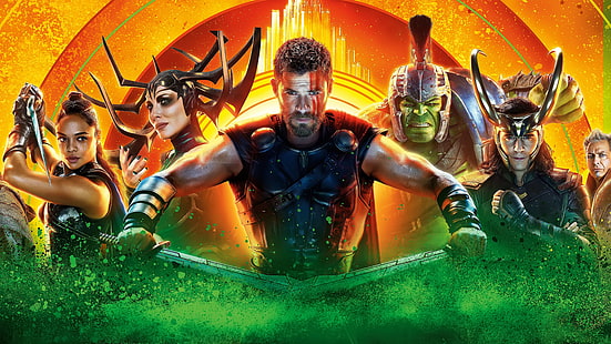 Thor: Ragnarok (2017), póster, colorido, Chris Hemsworth, thor ragnarok, película, naranja, cómics, fantasía, verde, Fondo de pantalla HD HD wallpaper