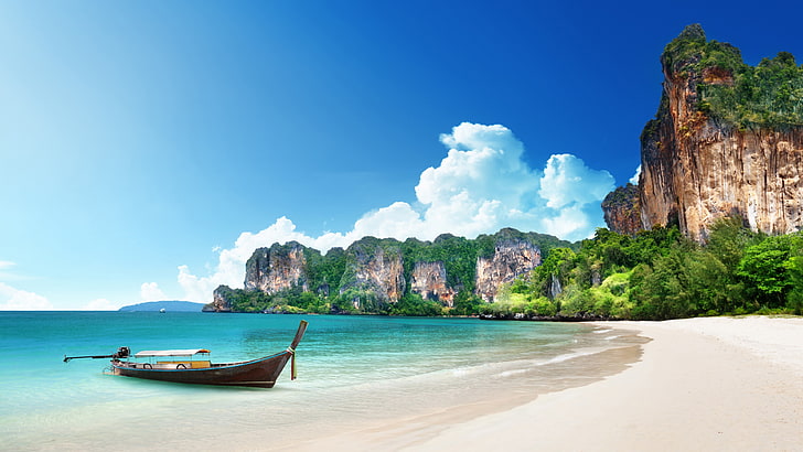 été, ciel bleu, bateau, vacances, ciel, côte de la mer, krabi, tropiques, rive, baie, plage, thaïlande, océan, heure d'été, Fond d'écran HD