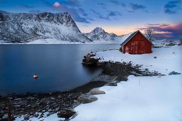 winter, sea, snow, mountains, house, Norway, the fjord, The Lofoten Islands, Lofoten, HD wallpaper