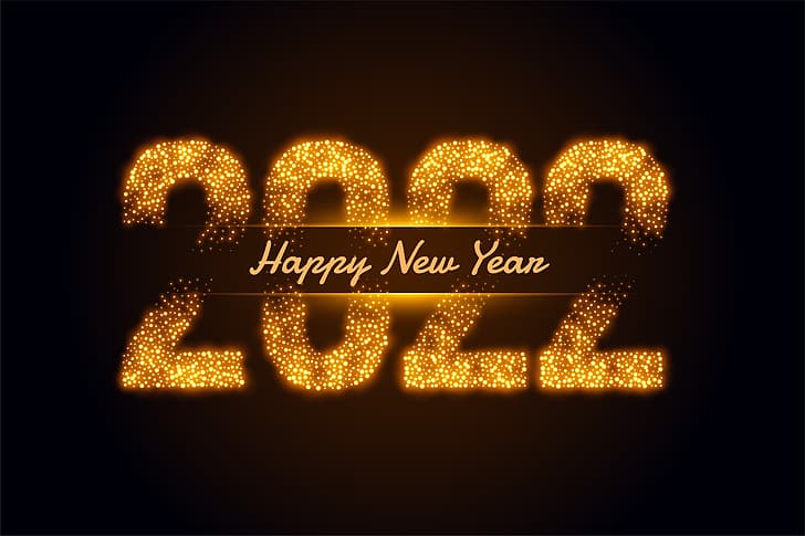 oro, figuras, año nuevo, dorado, fondo negro, feliz, decoración, espumoso, 2022, Fondo de pantalla HD