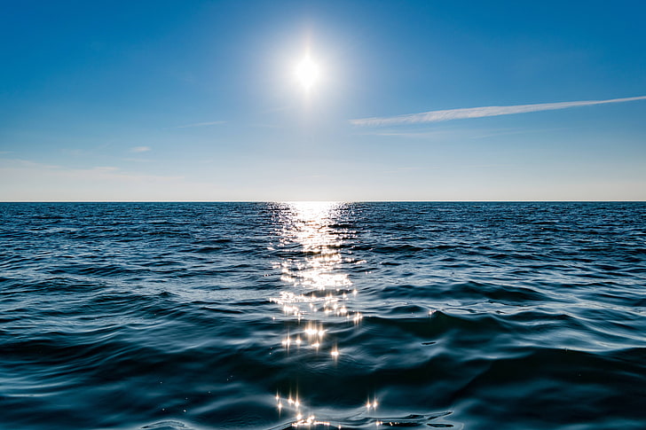 laut, pemandangan laut, refleksi, langit, matahari, lautan, horison, Wallpaper HD