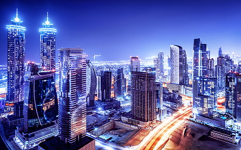 United Arab Emirates Dubai Downtown Night The Scenario Beautiful Modern Buildings, Night Lights Blue Night, HD wallpaper HD wallpaper