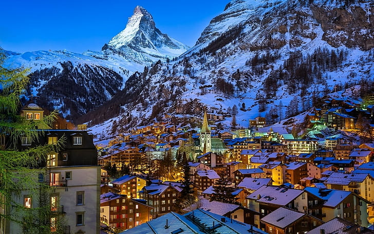 Zermatt, church, town, evening, nature, house, Matterhorn, lights, rooftops, mountains, rock, Switzerland, landscape, winter, valley, trees, snow, HD wallpaper