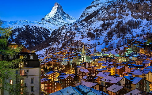 Zermatt, kyrka, stad, kväll, natur, hus, Matterhorn, ljus, hustak, berg, sten, Schweiz, landskap, vinter, dal, träd, snö, HD tapet HD wallpaper