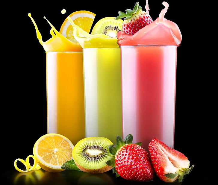 Cibo, succo di frutta, bevande, frutta, vetro, kiwi, arancia, fragola, arancia (frutta), Sfondo HD