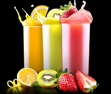Еда, сок, напитки, фрукты, стекло, киви, апельсин, клубника, апельсин (фрукты), HD обои HD wallpaper