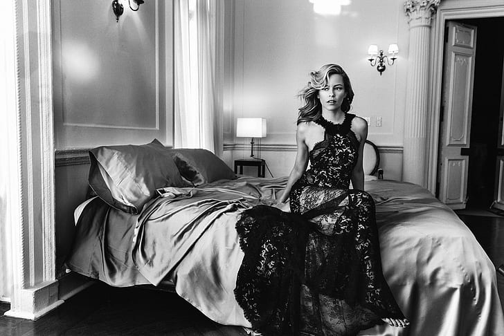 photo, room, bed, pillow, dress, actress, hairstyle, black and white, Elizabeth Banks, Allure, Norman Jean Roy, HD wallpaper