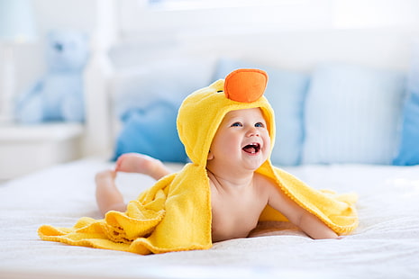Laugh, Duck towel, 8K, Cute baby, 4K, After bath, Yellow, HD wallpaper HD wallpaper