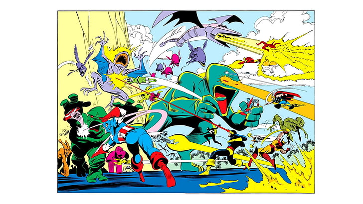 affisch av Marvel Comics, serier, Wolverine, Captain America, Thor, Iron Man, HD tapet