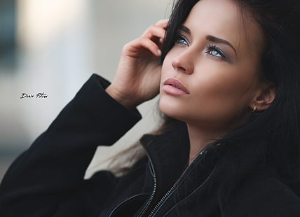 casaco zip-up preto feminino, Angelina Petrova, mulheres, modelo, rosto, retrato, Denis Petrov, jaqueta, roupas pretas, jaquetas pretas, HD papel de parede HD wallpaper