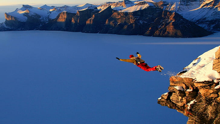 Base Jumping, Sports, Flying, Extreme Sport, Mountains, Cliffs, Snow, Photography, men's brown long sleeves top and red pants, base jumping, sports, flying, extreme sport, mountains, cliffs, snow, photography, HD wallpaper