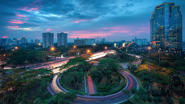 покадровая съемка автомобилей на дороге, городской пейзаж, шоссе, длительная выдержка, развязка, световые трассы, город, Джакарта, HD обои