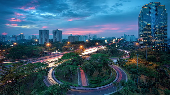 道路、都市の景観、高速道路、長時間露光、インターチェンジ、光の道、都市、ジャカルタの車のタイムラプス撮影、 HDデスクトップの壁紙 HD wallpaper