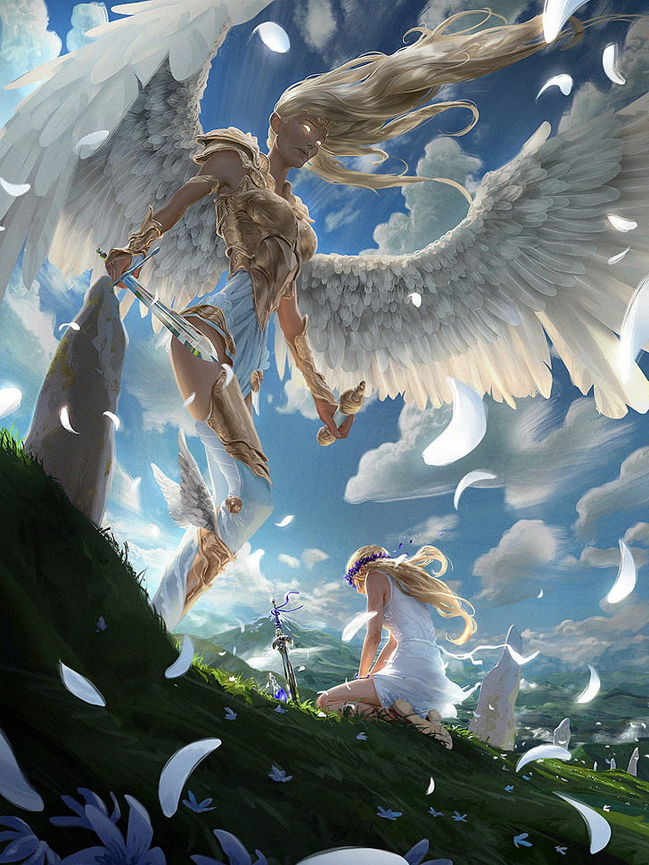 Amazing, angel, Big, blue, Cloud, fantasy, Feather, sky, sword, wings, HD wallpaper