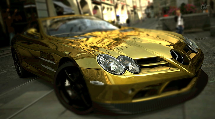 Mercedes Benz SLR McLaren Gold, gold Mercedes-Benz sports car, Games, Gran Turismo, Gold, McLaren, car, mercedes benz, gran turismo 5, HD wallpaper