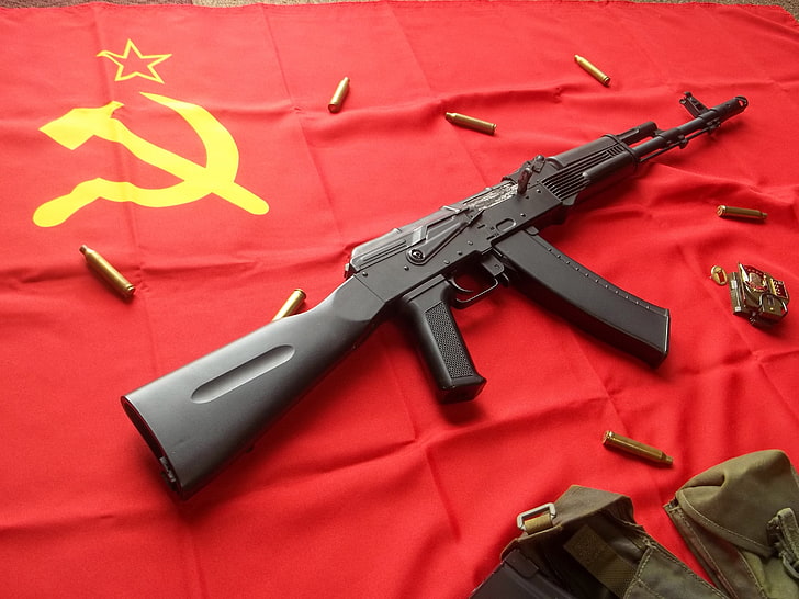 черна пушка ak-47, флаг, СССР, Калашников, сърп и чук, червена звезда, HD тапет