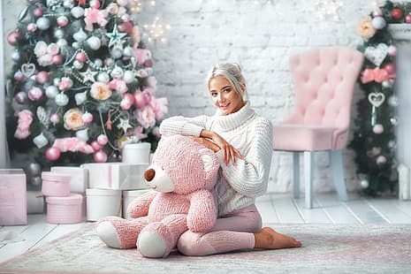  look, girl, pose, smile, mood, bear, New year, tree, sweater, Teddy bear, Katerina Shiryaeva, Anastasia Barmina, HD wallpaper HD wallpaper