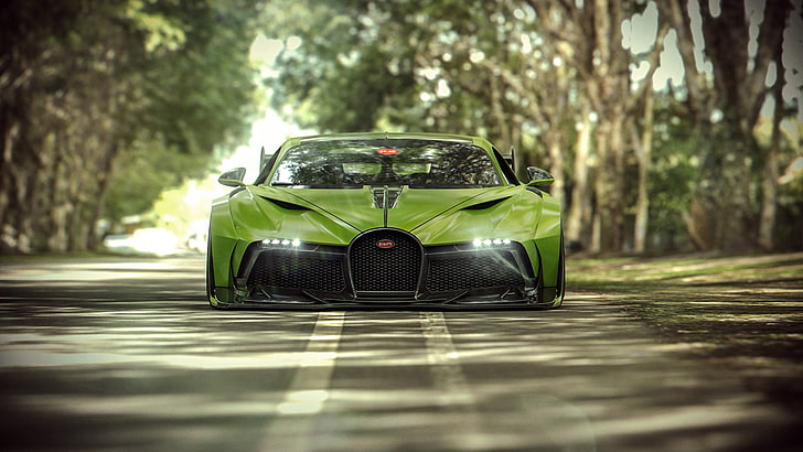 път, кола, зелени коли, зелена кола, Bugatti, превозно средство, Bugatti Divo, HD тапет