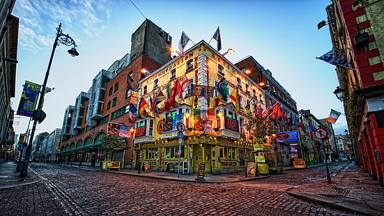 Дублин, Ирландия, Европа, улицы, угол, здания, флаги, храмовый бар, паб, бар, HD обои HD wallpaper