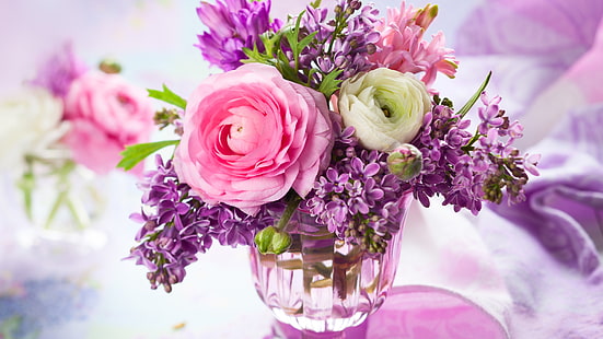 Decorazioni per la casa fiori, rosa, lilla, vaso, bouquet, casa, decorazione, fiori, rosa, lilla, vaso, bouquet, Sfondo HD HD wallpaper